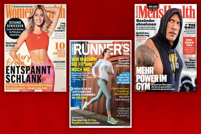 Hinter dem 8. Türchen des Advents-Shopping Adventskalenders verbirgt sich je ein Jahresabonnement der Zeitschriften Men’s Health, Women’s Health und Runner’s World.