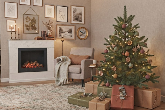 Ein festlich geschm&uuml;ckter Weihnachtsbaum in gedeckten T&ouml;nen schafft eine Oase der Ruhe und W&auml;rme.