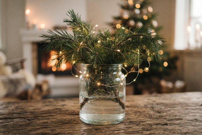 Das Bild zeigt ein Glas mit Wasser und frischem Tannengrün. Darauf platziert eine Lichterkette.