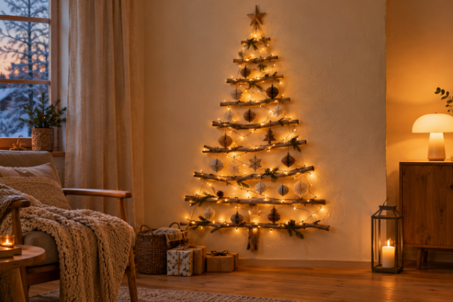 Luftig, stilvoll und platzsparend: Wandbäume aus naturbelassenem Holz bringen weihnachtlichen Lichterglanz ins Wohnzimmer, ohne Stellfläche zu rauben.