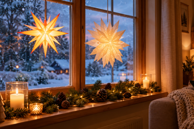 Stilvoller Lichtermix: Ob zeitloser Herrnhuter Stern oder moderner Papierstern – sanftes Licht setzt die Fensterbank perfekt in Szene.