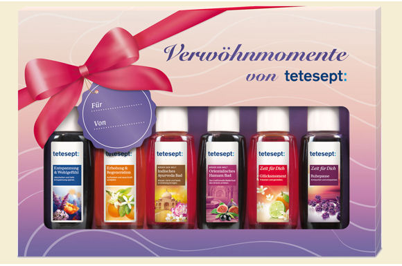 Das tetesept Geschenkset Verwöhnmomente enthält sechs verwöhnende Badezusätze.